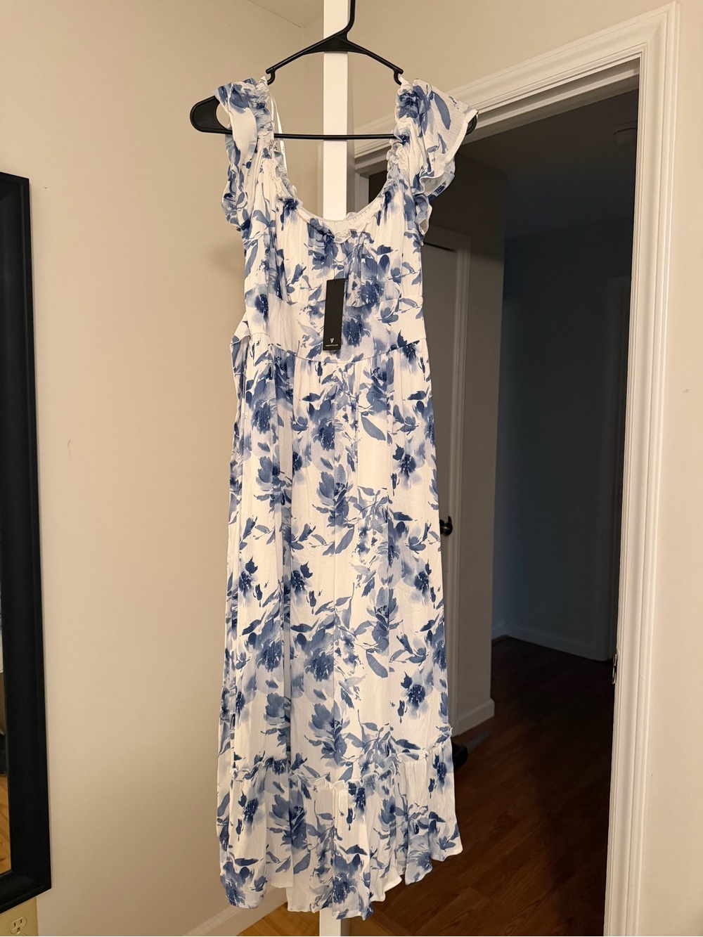 Lulu's White and Blue Floral Ruffle Strap Maxi Dress